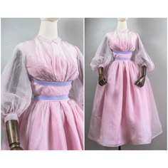 "This is an incredible 50s dress that is so very Grace Kelly in high society. The dress is made of a lilac silk organza with a more pink rayon taffeta lining. The dress has a little peter pan collar and the best super full ¾ length balloon sleeves. The lining has a straight neckline that can be seen through the organza. There are two lovely purple grosgrain ribbons at the waist. One is at the underbust and gives the dress the shelf bust look and the other is at the natural waist. The sleeves on Pink 1950s Dress, Vintage Pink Dress With Ruffles For Dress-up, 1950s Purple Dress, Pink 1950s Evening Dress, 1950s Lilac Dress, Priscilla Of Boston, Silk Organza Dress, Organza Dress, Straight Neckline