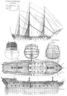 an old ship is shown with plans for it's hulls and sterns