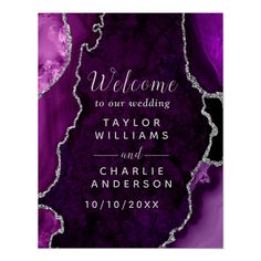 purple and silver wedding welcome card