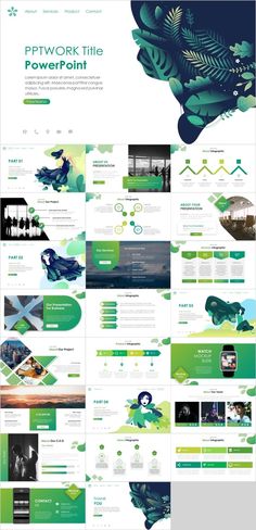 the green and white presentation is displayed in this graphic art workflowe, which includes images