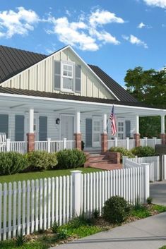 Farmhouse style house with covered porch and white cladding. Rendered Floor Plan, Cost Saving, Farmhouse Style House, Farmhouse Design, Style House