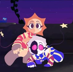 an animated image of a person holding a stuffed animal in front of a night sky