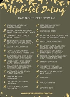 Date Ideas For Boyfriend, Alphabet Dating, Creative Date Night Ideas, Romantic Date Night Ideas, Couple Activities, Cute Date Ideas, Date Night Ideas, Date Ideas