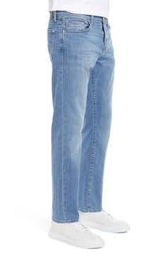 Soft fading brings instant old-favorite status to relaxed straight-leg jeans tailored with plenty of room in the seat and thighs. 16" leg opening; 10 1/2" front rise; 14 1/2" back rise Zip fly with button closure Five-pocket style 86% cotton, 12% polyester, 2% elastane Machine wash, dry flat Made in Turkey Men's Clothing Mens Jeans Straight Fit, How To Style Blue Jeans Men, Relaxed Fit Jeans Men Outfit, Jeans Pants Outfit Men, Faded Blue Jeans Outfit, Straight Fit Jeans Outfit Men, Men’s Pants, Mens Light Blue Jeans, Relaxed Fit Jeans For Men