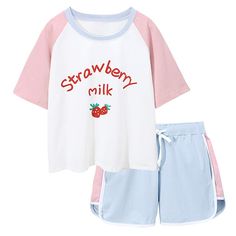 Strawberry Pajamas, Sleepwear Cute, Kawaii Pajamas, Comfy Sleepwear, Sleep Tops, Tops And Shorts, Style Kawaii