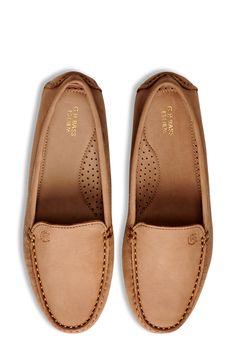 Make every step a sure-footed one in this grippy driving loafer fashioned with perforations on the footbed for comfortable ventilation. Leather upper and lining/rubber sole Made in Brazil Luxury Casual Leather Slip-ons, Slip-on Moccasins With Removable Insole For Driving, Slip-on Driving Loafers With Branded Insole, Classic Slip-ons With Perforated Toe Box, Slip-on Driving Moccasins With Branded Insole, Driving Slip-on Moccasins With Branded Insole, Classic Slip-on Loafers For Boating, Women’s Loafers, Tan Loafers Outfit Women