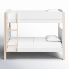 the bunk bed is white and has two ladders on each side, along with a pillow