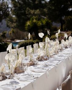 the table is set with white flowers and place settings for guests to sit down at