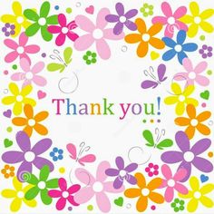 a thank card with colorful flowers and butterflies in the center, on a white background