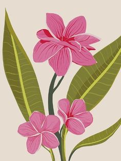 pink flowers with green leaves on a beige background