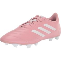 the adidas soccer shoe is pink and white