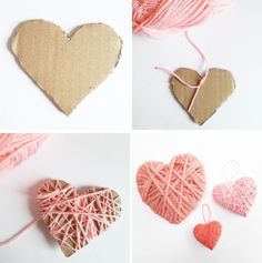 four different pictures of hearts made out of yarn and twine, one is pink the other is brown