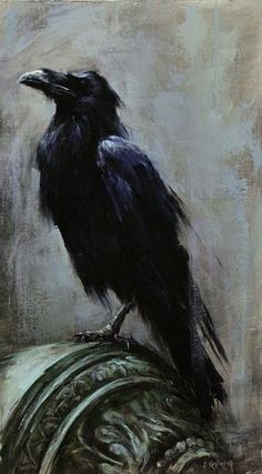 a painting of a black bird sitting on top of a piece of cloth