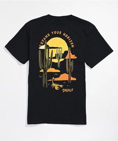 Made with soft but durable, breathable cotton and comes in a timeless black colorway, the Dravus kids' Desert Horizon t-shirt will pair will just about anything. This t-shirt has a short-sleeved silhouette, crew neck, and an imprinted tag on the collar to eliminate needless itching. Kids Deserts, Black T Shirt, Black Tshirt