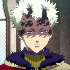 an anime character with white hair and blue eyes looking at the camera while standing in front of a window