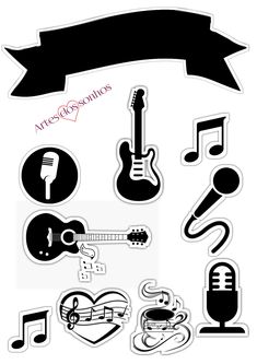 various stickers with musical instruments and music notes on the bottom one is black and white