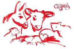 a drawing of three animals and one baby in red ink on white paper with the words,