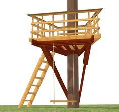 a wooden structure with a ladder to the top and a cross above it, on a white background