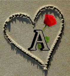 the letter a is in the shape of a heart with a single rose on it