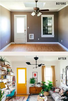 before and after photos of a living room with yellow door, white ceiling fan, gray walls