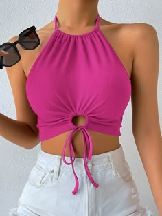 Pink Sensual Collar  Poliéster Simples Halter Embellished Elasticidade Média Verão Tops, blusas e camisetas para Mulheres Backless Halter Top, Womens Halter Tops, Backless Crop Top, Mode Boho, Top Halter, Backless Top, Women Tank Tops, Women Halter, Halter Tops