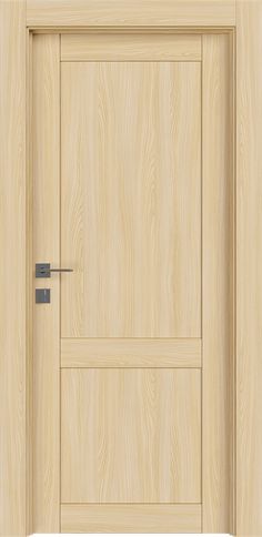 an open wooden door with metal handle on the front and side panels, isolated against a white background