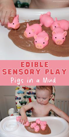 a baby in a high chair playing with some pink piggies on top of mud