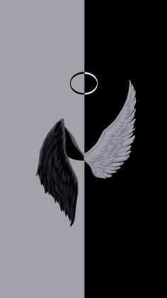 an angel wing with a halo in between two black and white squares on a gray background