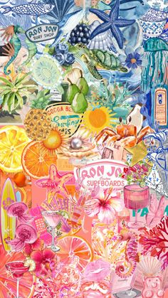 a collage of various items and flowers in pink, blue, orange and green