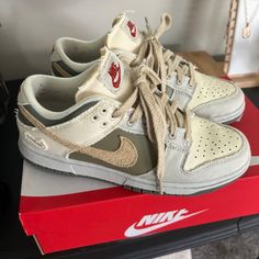 Worn One Time. Brand New With Box. Nike Dunk Low With Texture. Olive Green & Cream Tones. Beautiful Shoes Olive Sneakers, Stem Style, Cream Tones, Cute Nike Shoes, Cute Nikes, Mesh Shoes, New Nike Air, Nike Air Max 95, Swag Shoes