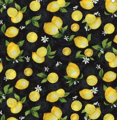 a black background with yellow lemons and daisies on the top, white flowers in the bottom right corner