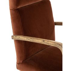 a brown chair with a wooden armrest and seat pad on the back of it