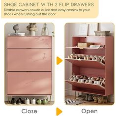 the shoe cabinet with 2 flip drawers is open and closed to show how it's organized