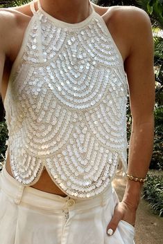 Sparkling Top Outfit, Sparkle Tops, Sparkle Clothes, Disco Theme Bachelorette Party Outfits, Glamorous White Top For Night Out, White Sequin Tops For Party Season, Glamorous White Embellished Tops, Glamorous White Top For Party Season, White Sequined Tops For Night Out