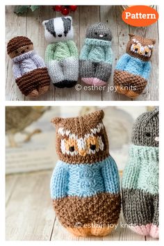 crocheted owl sweaters are shown in different colors