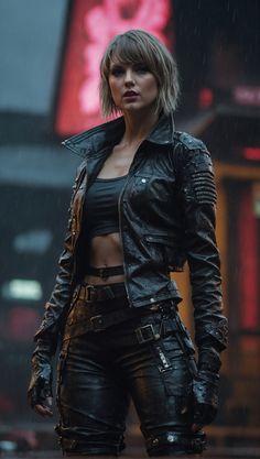 a woman in leather clothes standing on the street