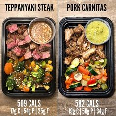 two plastic trays filled with different types of food on top of a wooden table