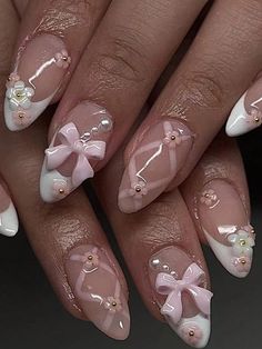 Medium Almond-Shaped French Sweet Pink Press-On Nails For Women, Full Of Charm With Bows & Flowers (24pcs), Including 1pc Jelly Glue & 1pc Nail File, Exquisitely Designed Multicolor    ABS Colorblock,Plants Bare Nails   Nail,Hand & Foot Care, size features are:Bust: ,Length: ,Sleeve Length: White French Nails, Fake Nails White, Fake Nails Long, Ballet Nails, Nagel Tips, Easy Nails, Purple Nail, Nail Forms, Stick On Nails