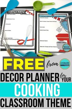 the free recipe planner for your cooking classroom is shown in blue and green with text overlay