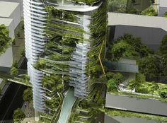 an aerial view of a tall building with trees growing on it