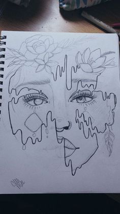 a drawing of a woman's face with flowers on her head