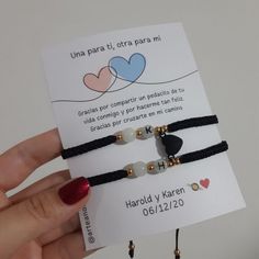 two bracelets with hearts and beads are shown in front of a card that says,