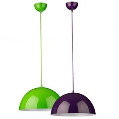 two green and purple lamps hanging from the ceiling