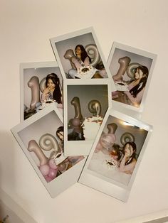 four polaroid photographs of women sitting at a table with cake in front of them