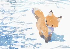 a painting of a little fox running through the snow with it's tail up