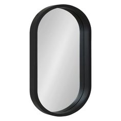 an oval mirror with black frame on a white background and the reflection is in it