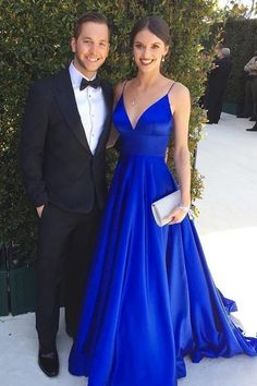 Elegant Blue Gown With Spaghetti Straps, Blue Spaghetti Strap Prom Evening Dress, Blue Spaghetti Strap Evening Dress For Prom, Blue Spaghetti Strap Dress For Wedding, Royal Blue Spaghetti Strap Prom Dress, Blue Satin V-neck Gown, Blue Spaghetti Straps Evening Dress For Gala, Blue Gala Dress With Spaghetti Straps, Blue Spaghetti Strap Dress For Gala