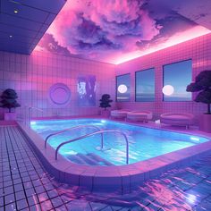 an indoor swimming pool with pink lighting and clouds in the sky, surrounded by tiled flooring