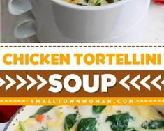 chicken tortellini soup in a white bowl with spinach and carrots on the side