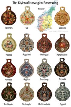 the styles of norwegian rosemaling are shown in different colors and designs on this page